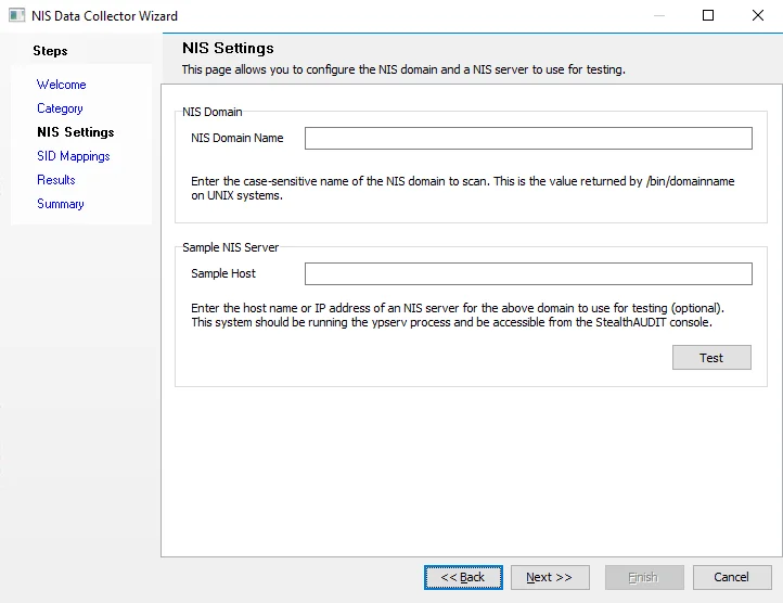 NIS Data Collector Wizard NIS Settings page