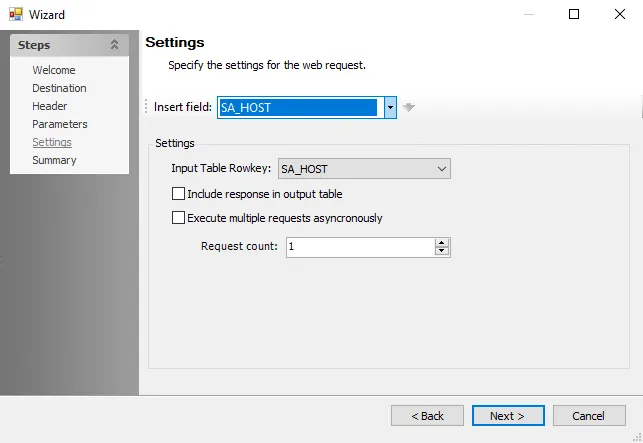 Web Request Action Module Wizard Settings page
