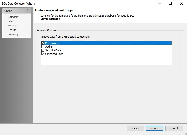 SQL Data Collector Wizard Data removal settings Page