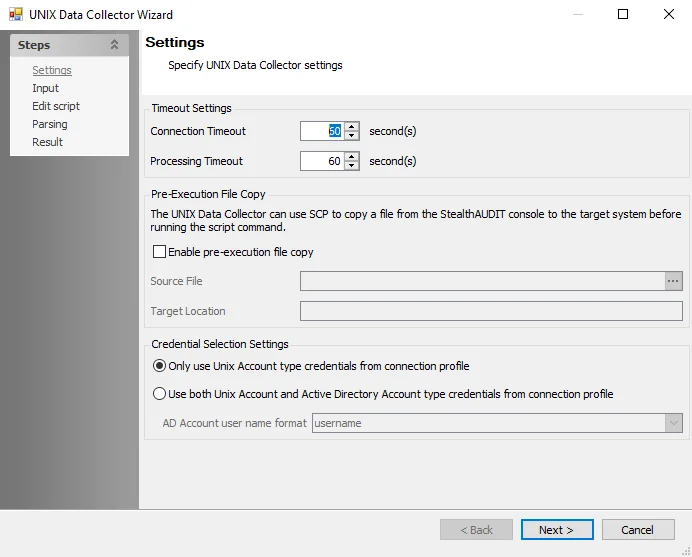 Unix Data Collector Wizard Settings page