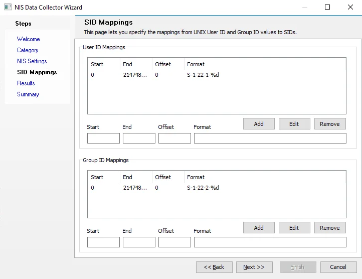 NIS Data Collector Wizard SID Mappings page