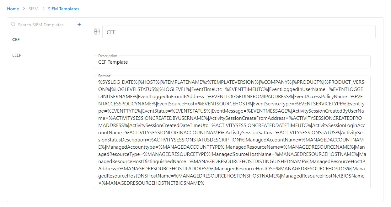 SIEM Templates Page