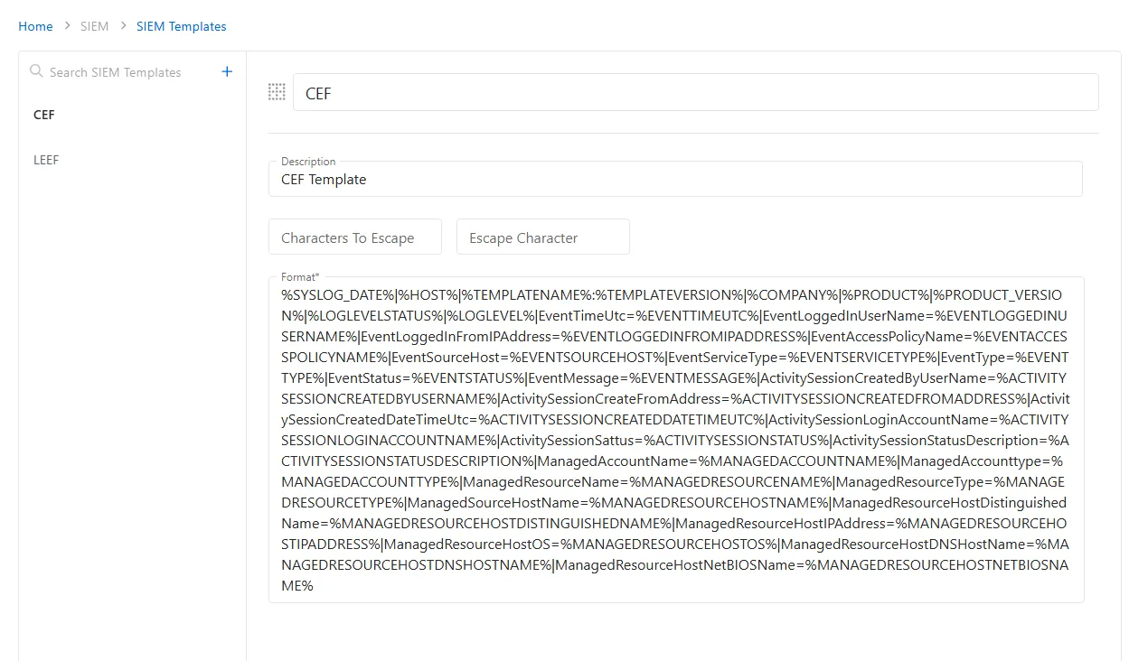 SIEM Templates Page