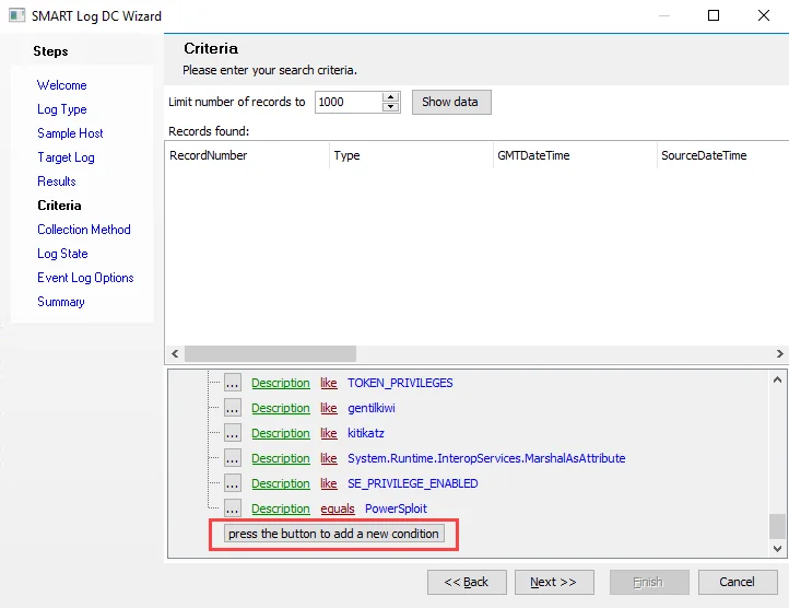 Smart Log Data Collector Wizard Criteria page