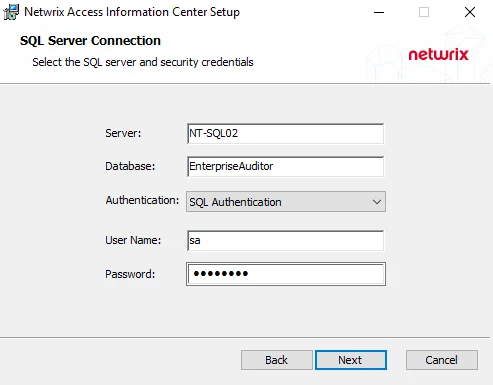AIC Setup Wizard SQL Server Connection page