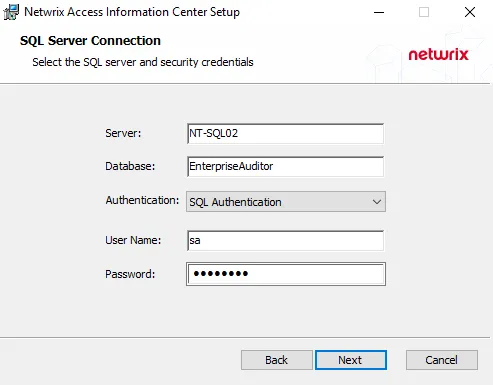AIC Setup Wizard SQL Server Connection page