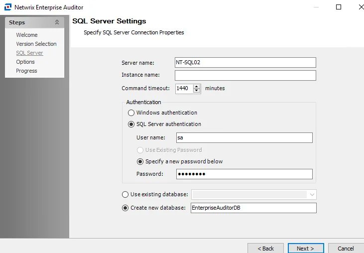 SQL Server Settings page
