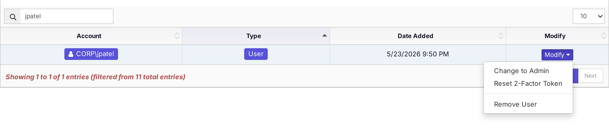 The Modify menu of a user, with the options Change to Admin, Reset 2-Factor Token, and Remove User