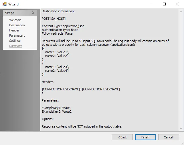 Web Request Action Module Wizard Summary page