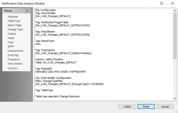 Notification Data Analysis Module wizard Summary page
