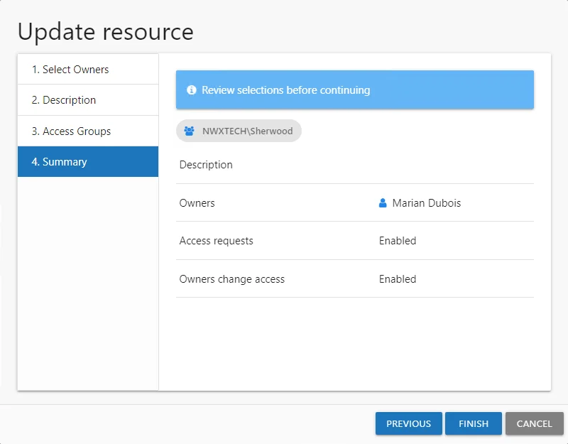 Update resource wizard showing 4. Summary page