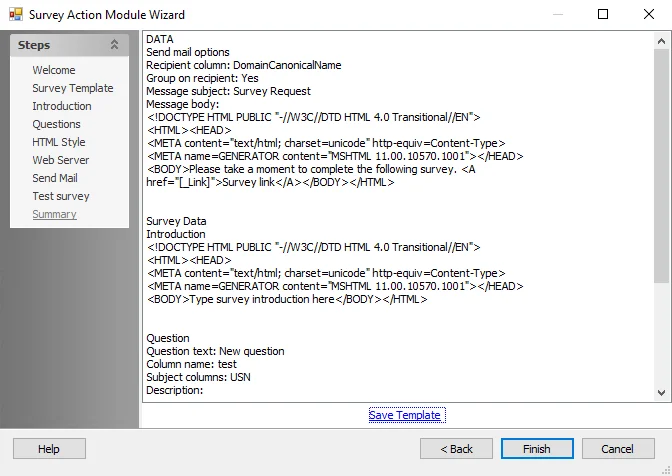 Survey Action Module Wizard Summary page