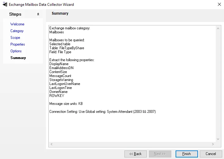 Exchange Mailbox Data Collector Wizard Summary page