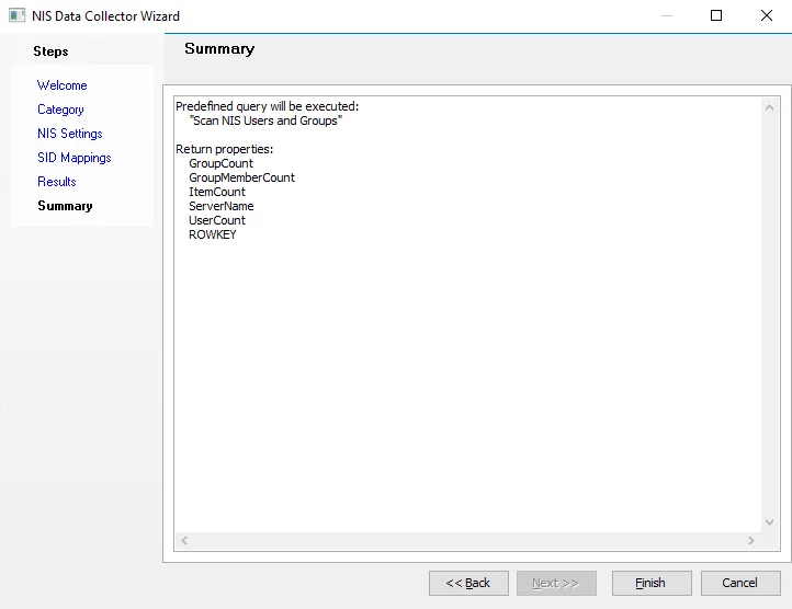 NIS Data Collector Wizard Summary page