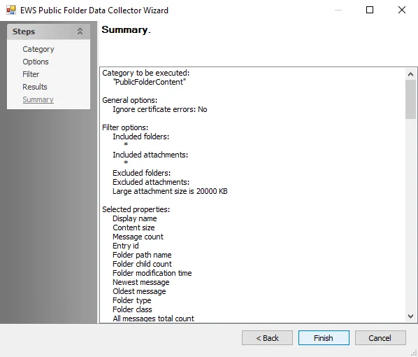EWS Public Folder Data Collector Wizard Summary page