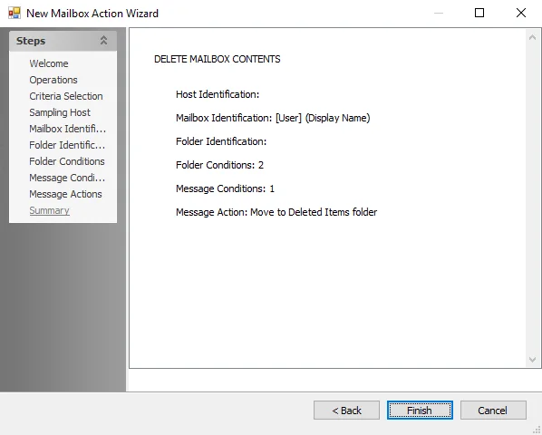 New Mailbox Action Wizard Summary page