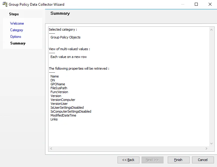 Group Policy Data Collector Wizard Summary page