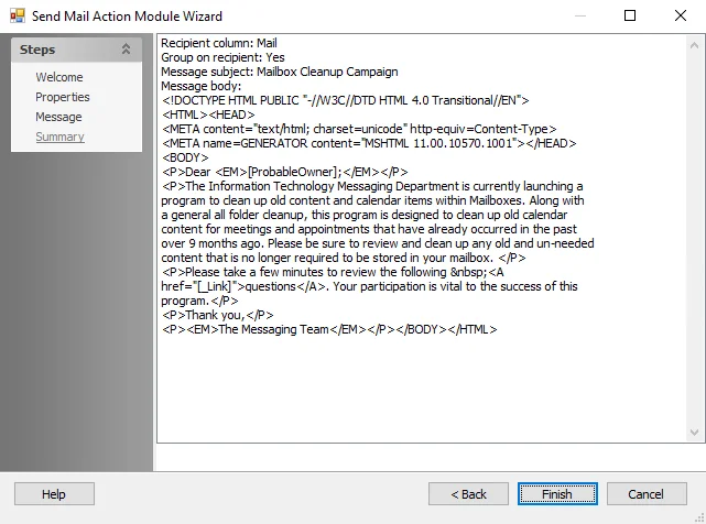 Send Mail Action Module Wizard Summary page