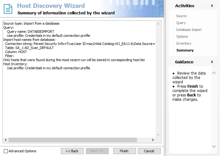 Host Discovery Wizard Summary page for database import