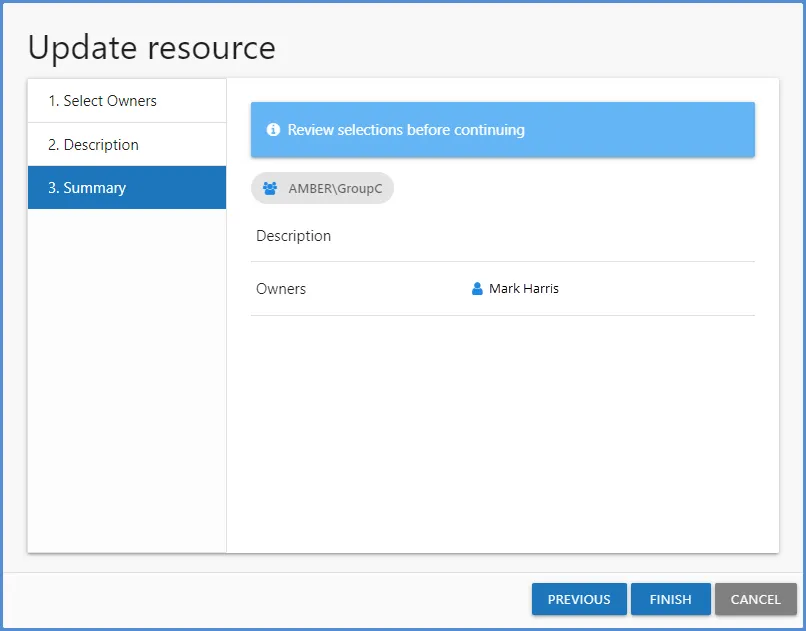 Update resource wizard showing 3. Summary page