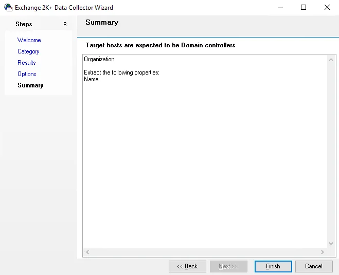 Exchange 2K+ Data Collector Wizard Summary page