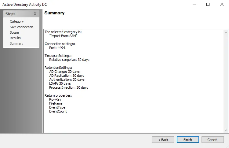 Active Directory Activity DC wizard Summary page