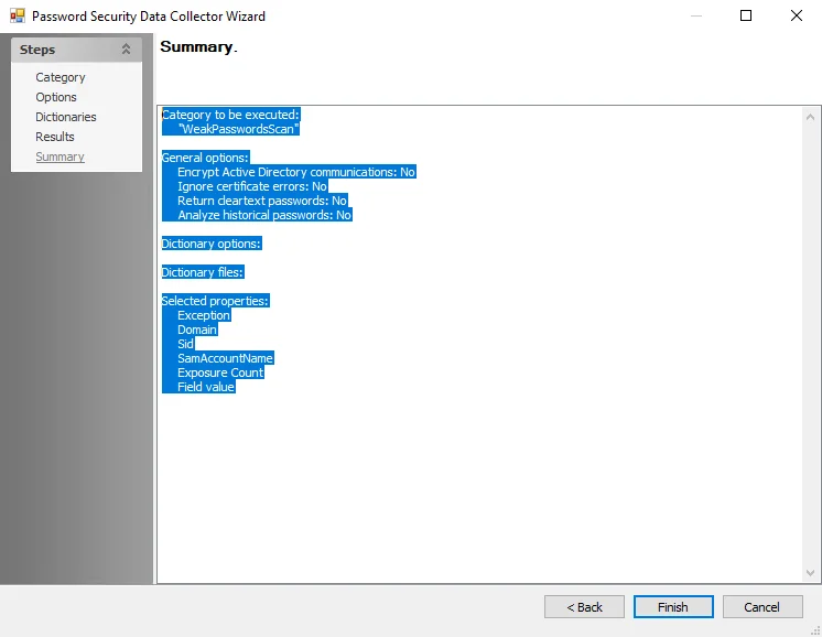 Password Security Data Collection Wizard Summary page