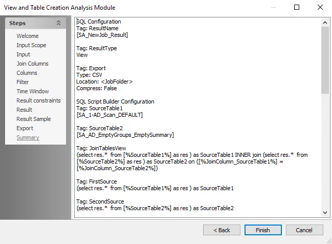 View and Table Creation Analysis Module wizard Summary page