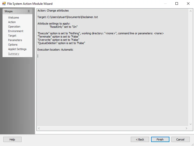 File System Action Module Wizard Summary page