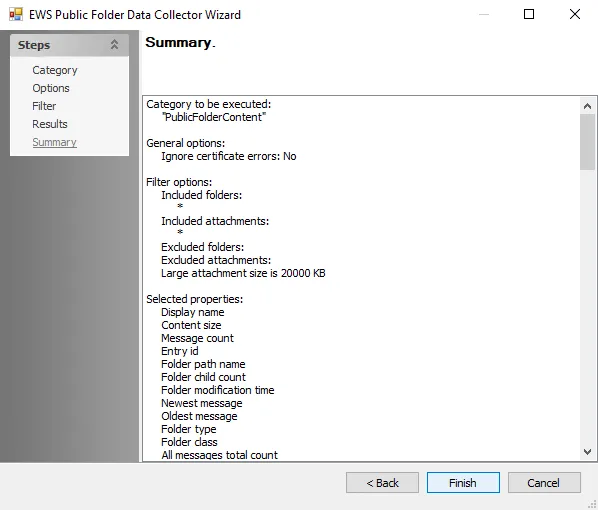 EWS Public Folder Data Collector Wizard Summary page