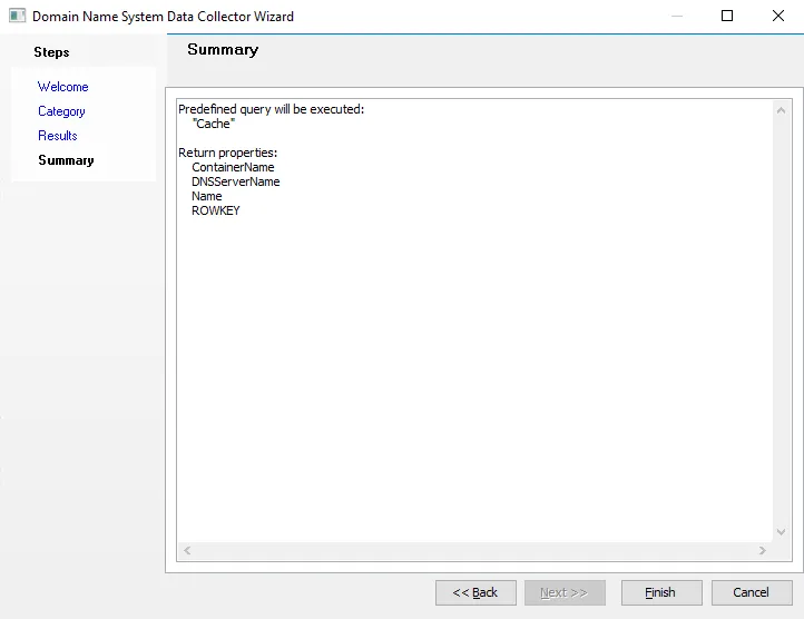 Domain Name System Data Collector Wizard Summary page