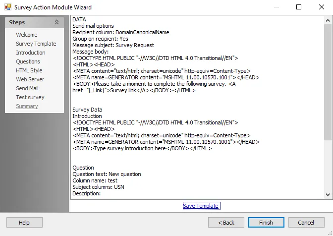 Survey Action Module Wizard Summary page