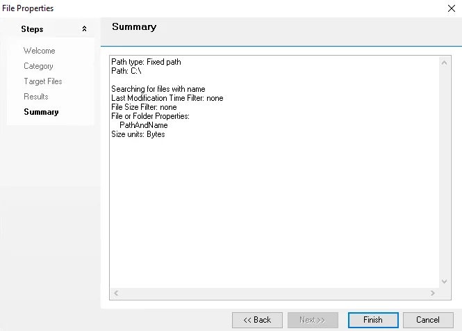 File Search Wizard Summary page