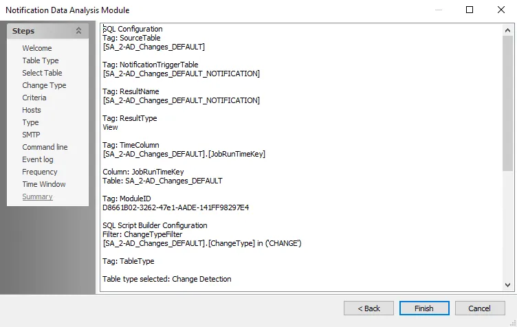 Notification Data Analysis Module wizard Summary page