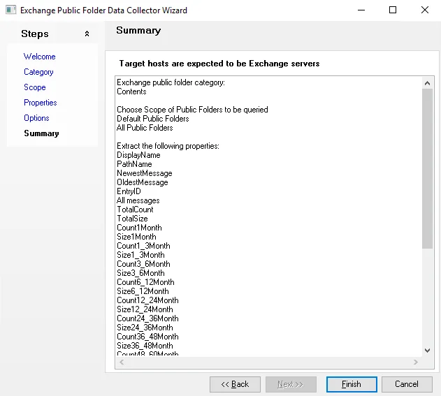 Exchange Public Folder Data Collector Wizard Summary page