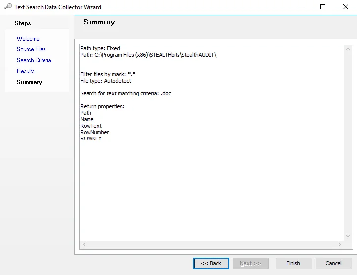 Text Search Data Collector Wizard Summary page
