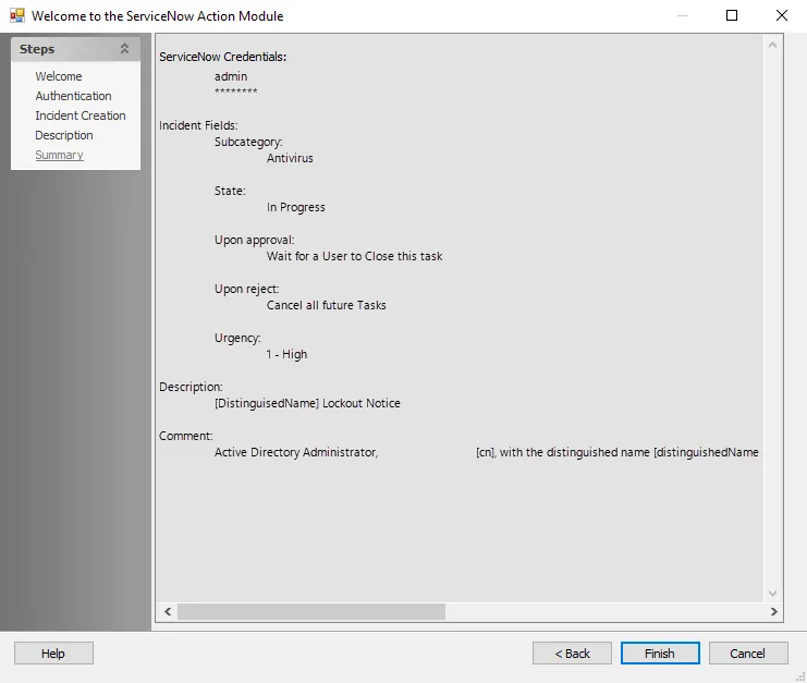 ServiceNow Action Module wizard Summary page