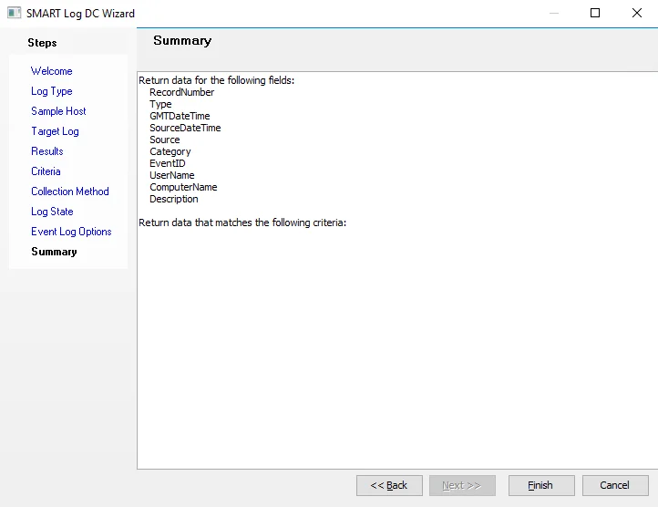 SMART Log DC Wizard Summary page