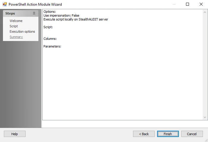 PowerShell Action Module Wizard Summary page