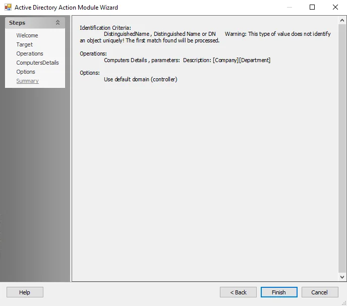 Active Directory Action Module Wizard Summary page