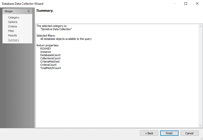 NoSQL Data Collector Wizard Summary page