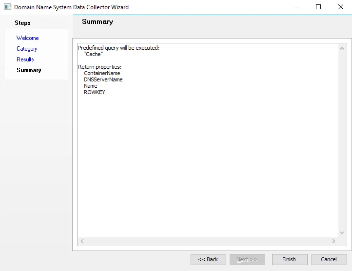 Domain Name System Data Collector Wizard Summary page