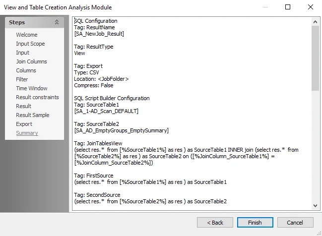 View and Table Creation Analysis Module wizard Summary page
