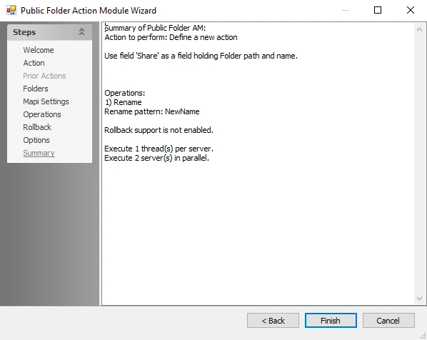 Public Folder Action Module Wizard Summary page