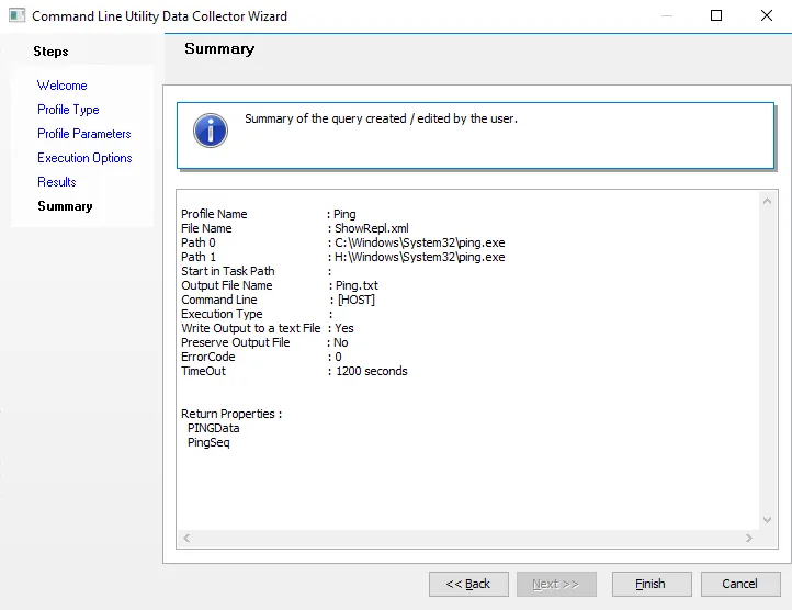 Command Line Utility Data Collector Wizard Summary page