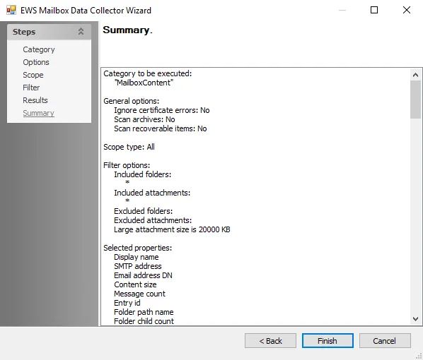 EWS Mailbox Data Collector Wizard Summary page