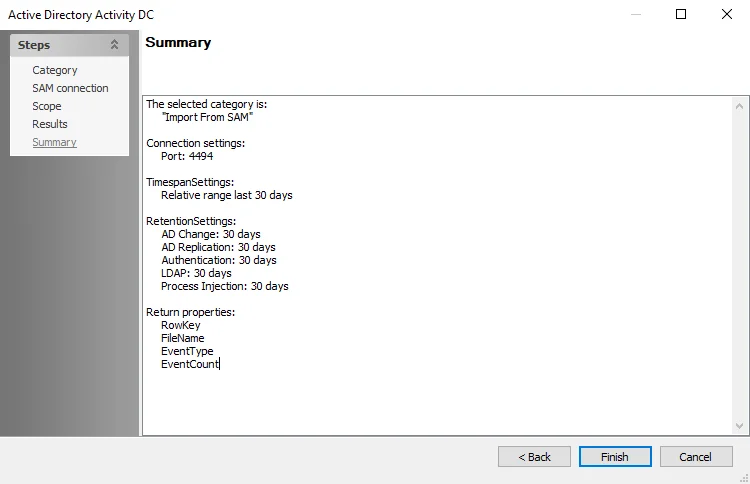 Active Directory Activity DC wizard Summary page