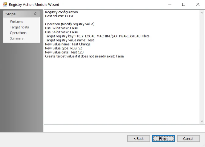 Registry Action Module Wizard Summary page