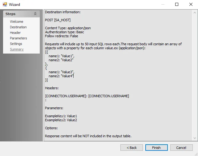 Web Request Action Module Wizard Summary page