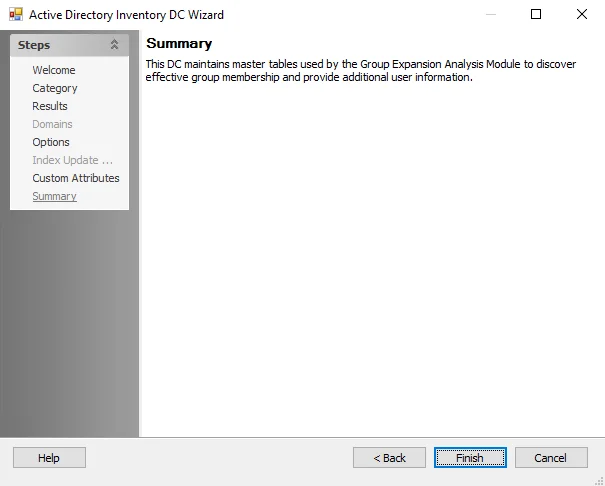 Active Directory Inventory DC Wizard Summary page